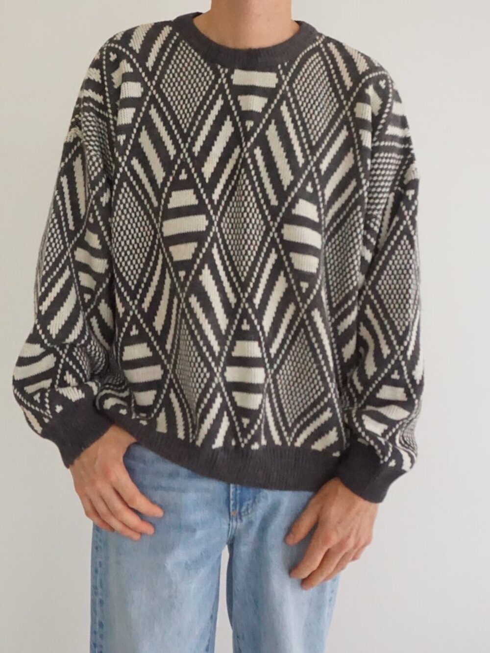 Vintage North Country Eaton's Black White Geometric Aztec Design Knit Sweater XL